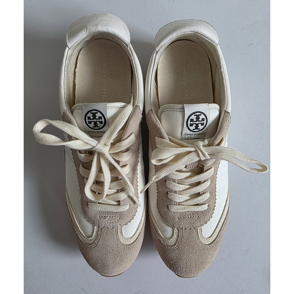 Tory Burch Hank Logo Leather Suede Lace Up Sneakers White Beige Size 10 - Picture 9 of 10